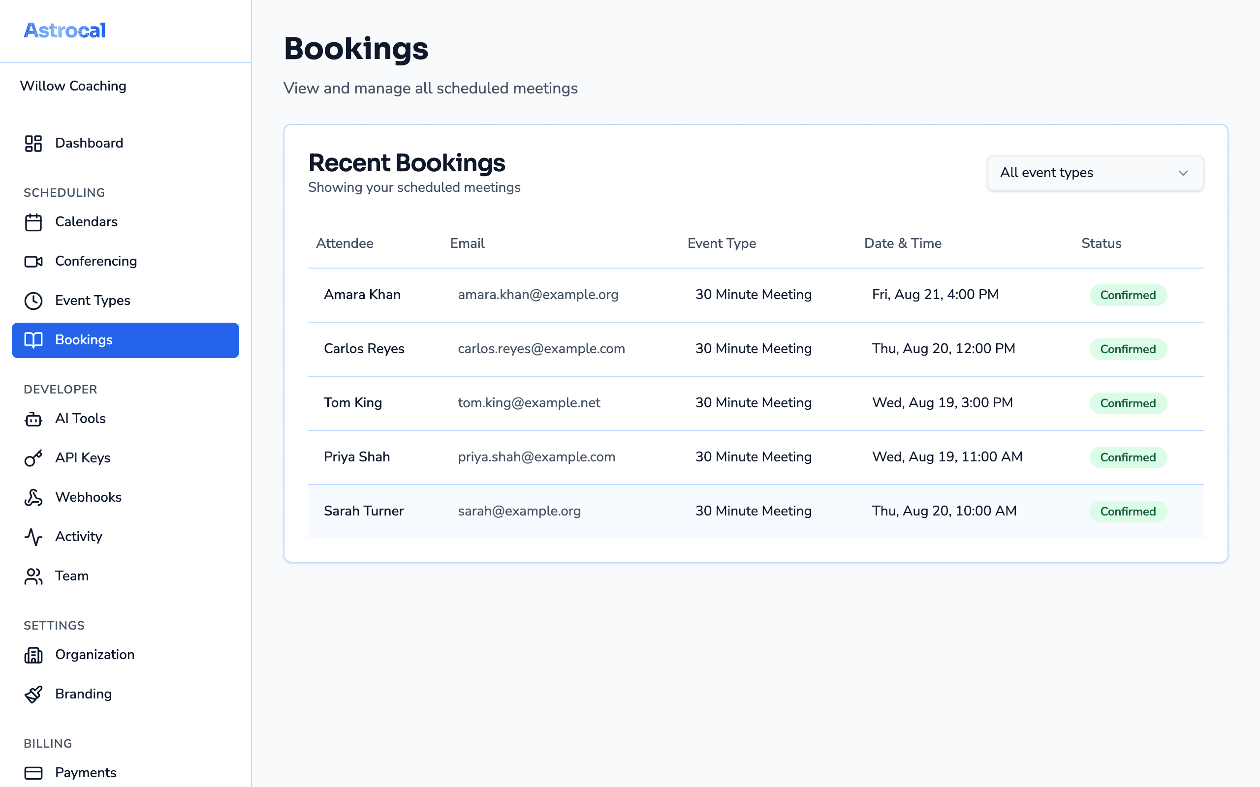 The Astrocal dashboard listing upcoming bookings with attendee names and times